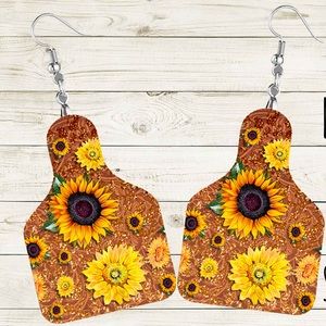 Sunflowers on Gold Glitter Cow Tag Earrings